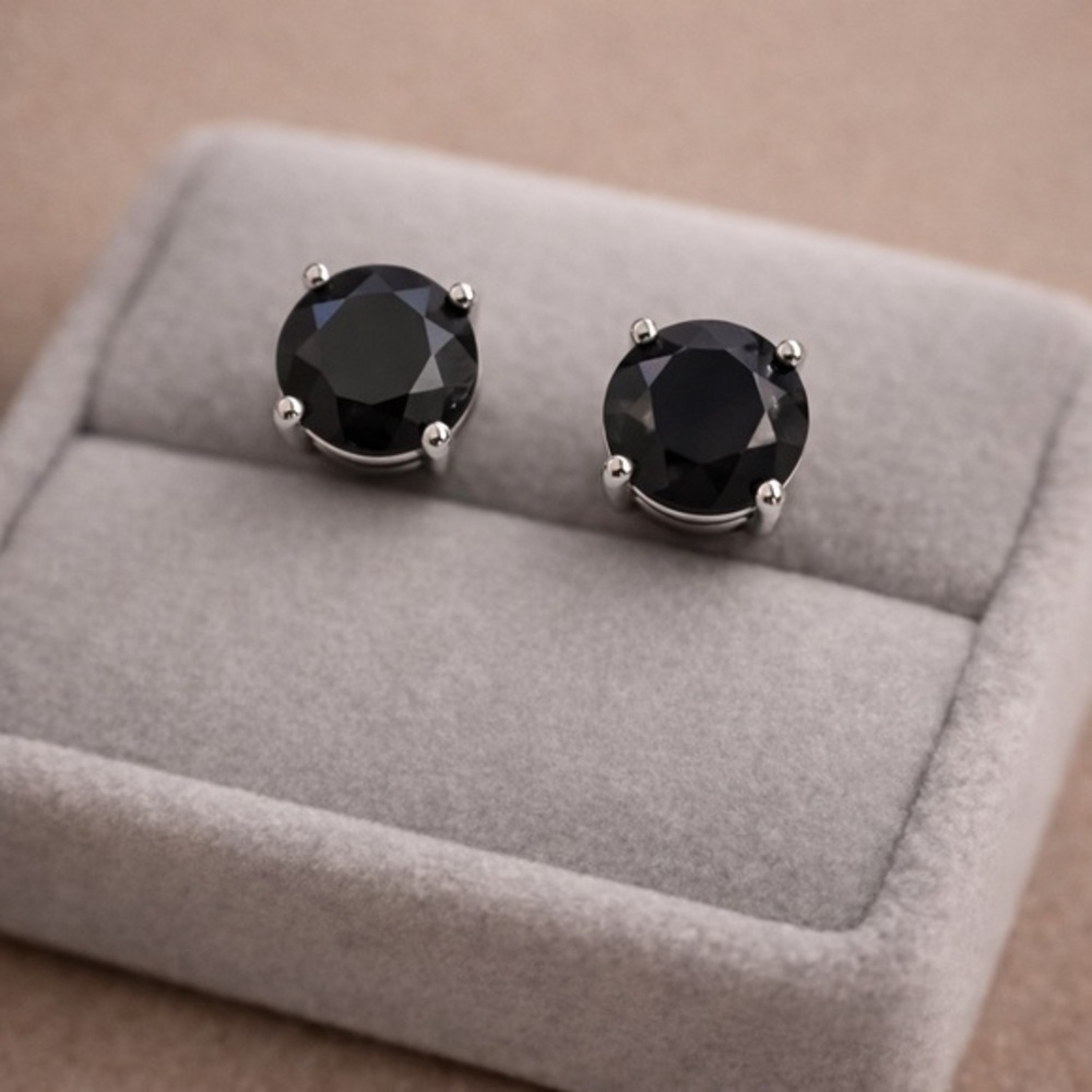 Black Onyx CZ Round Prong Set Stud Earrings | 925 Silver Post Back NWT #476